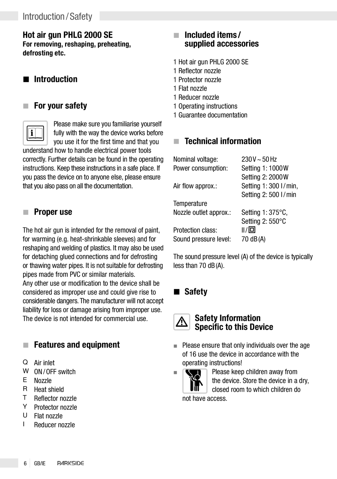 Kompernass PHLG 2000 SE manual Introduction / Safety 